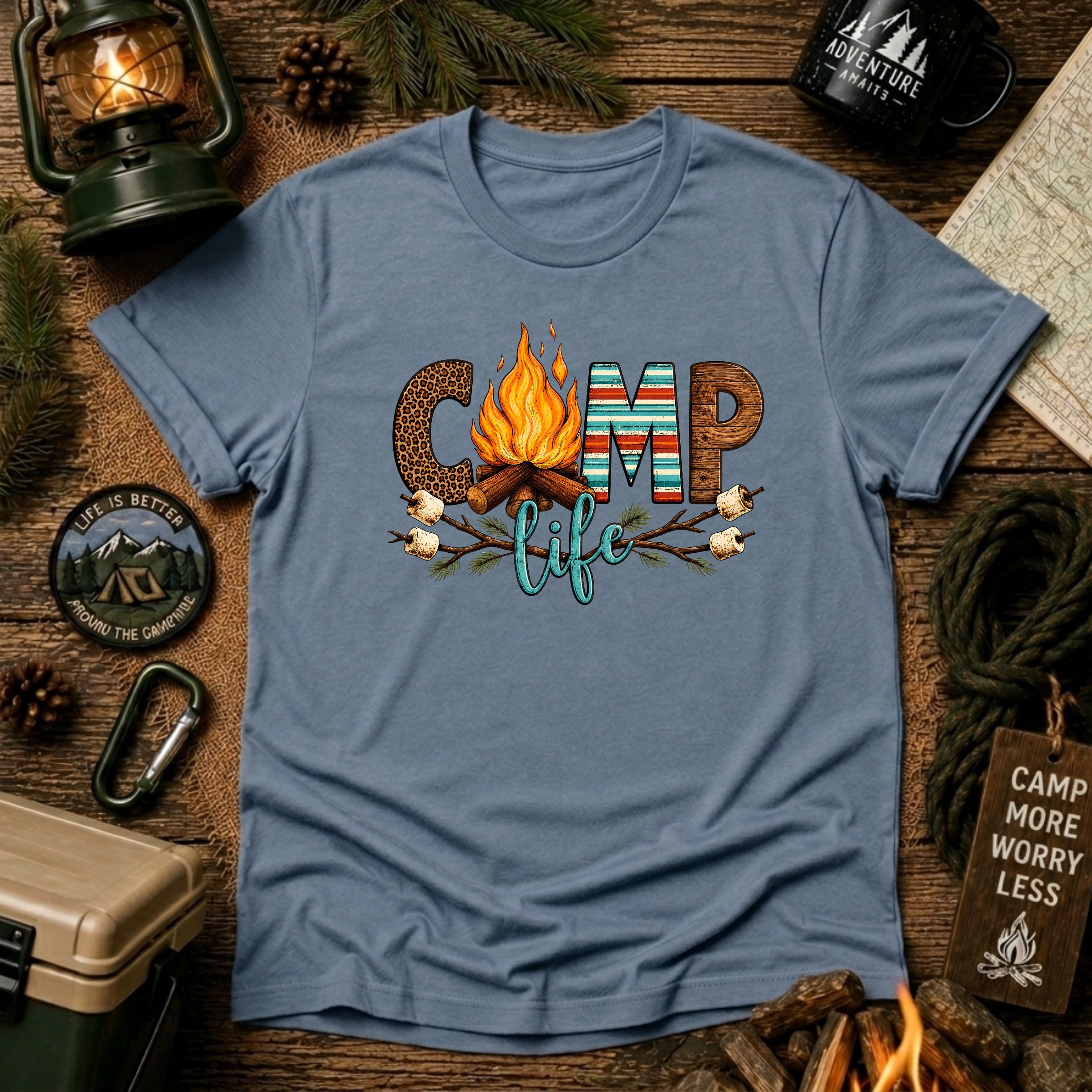 Camp Life T‑Shirt — Retro Serape Campfire Shirt with ‘Camp Life’ Text