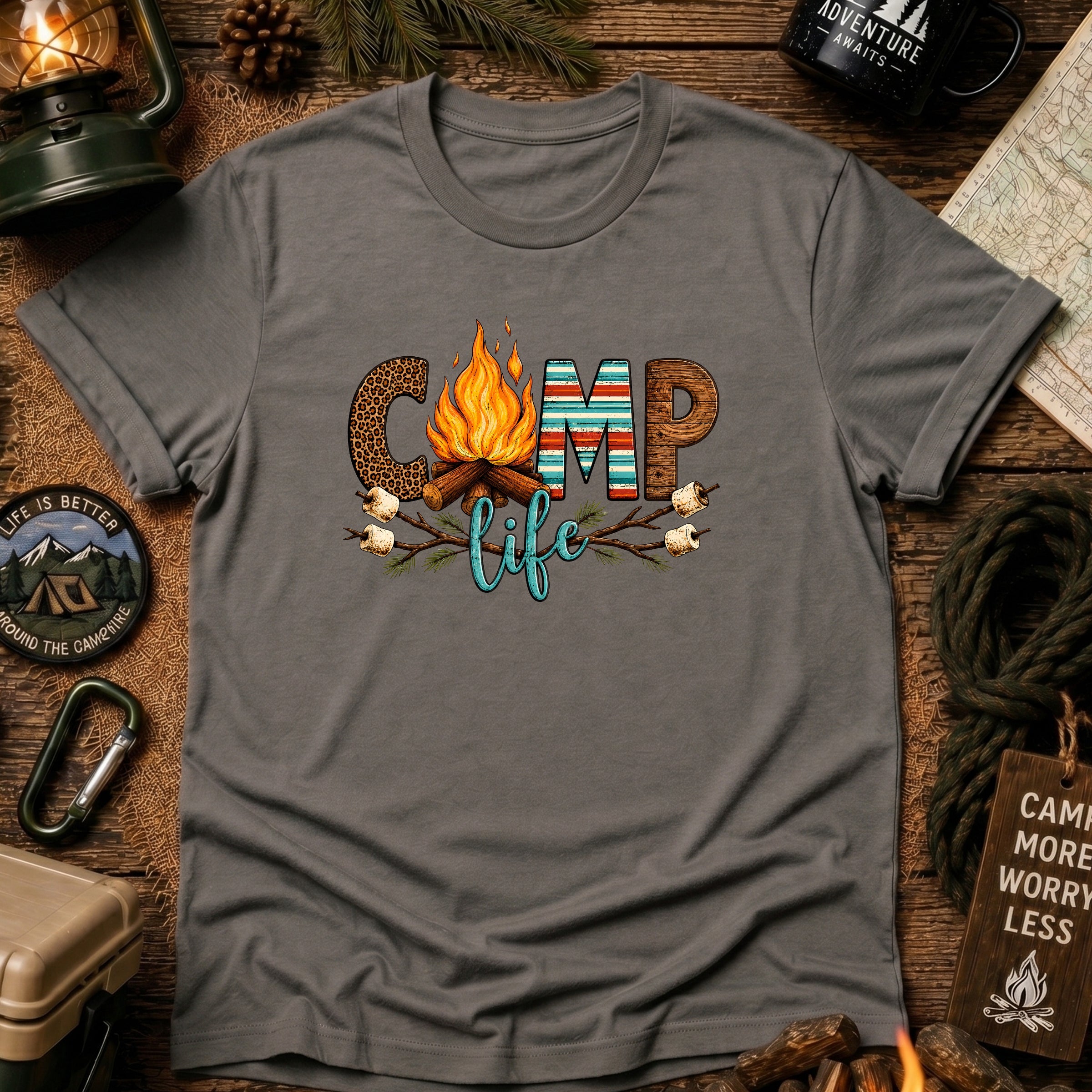 Camp Life T‑Shirt — Retro Serape Campfire Shirt with ‘Camp Life’ Text