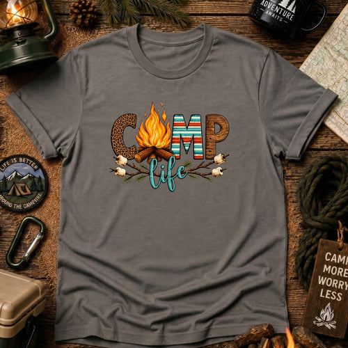 Camp Life T‑Shirt — Retro Serape Campfire Shirt with ‘Camp Life’ Text