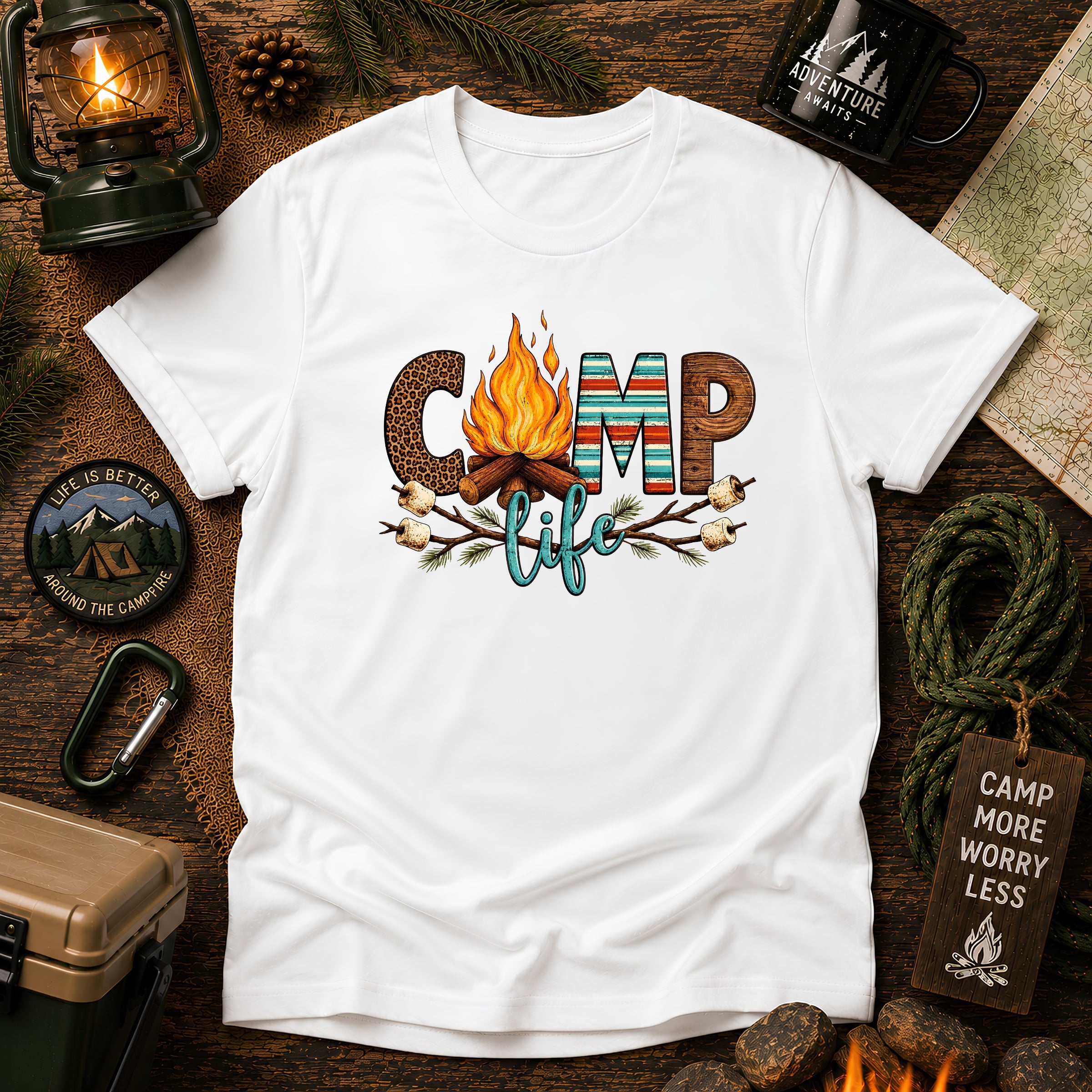 Camp Life T‑Shirt — Retro Serape Campfire Shirt with ‘Camp Life’ Text
