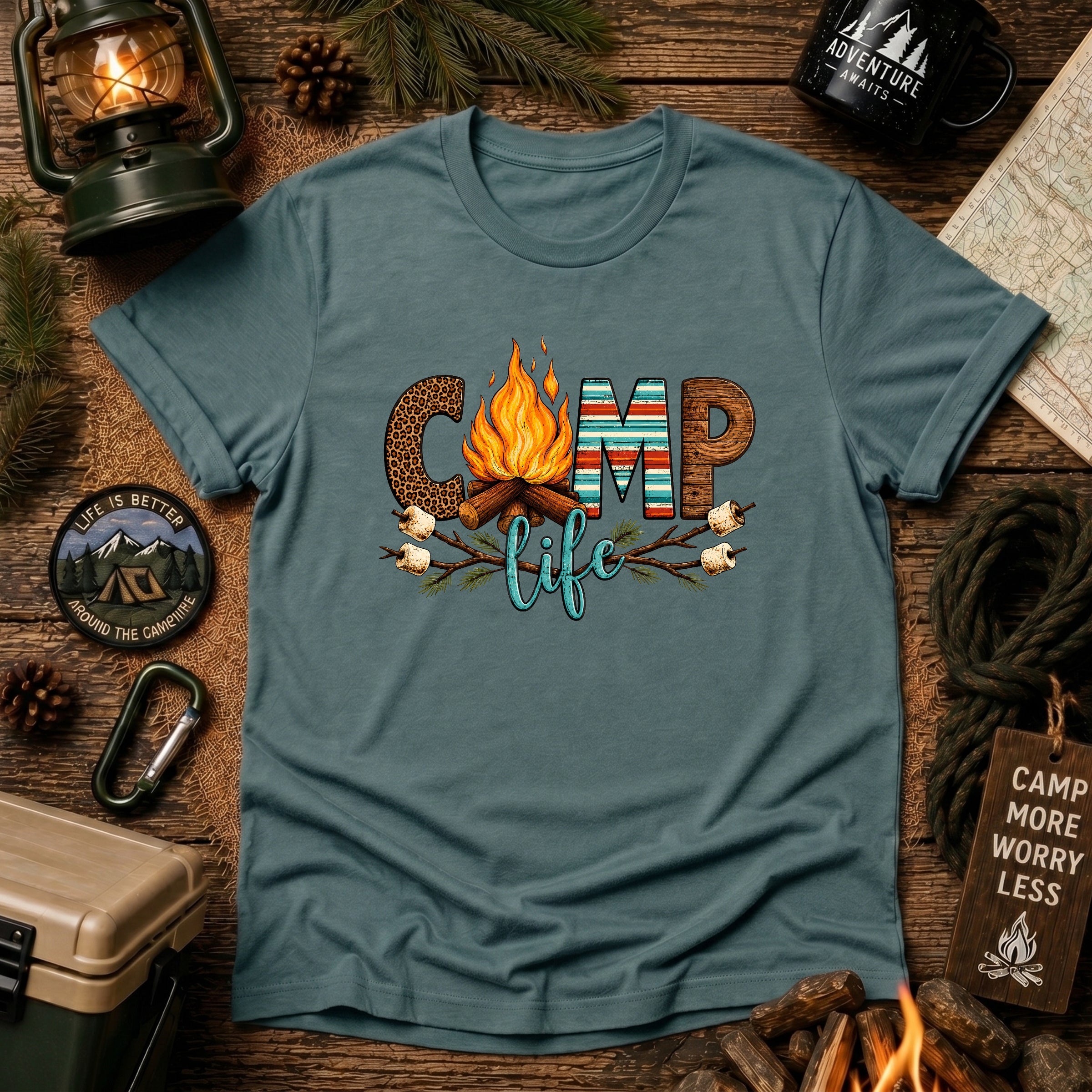 Camp Life T‑Shirt — Retro Serape Campfire Shirt with ‘Camp Life’ Text