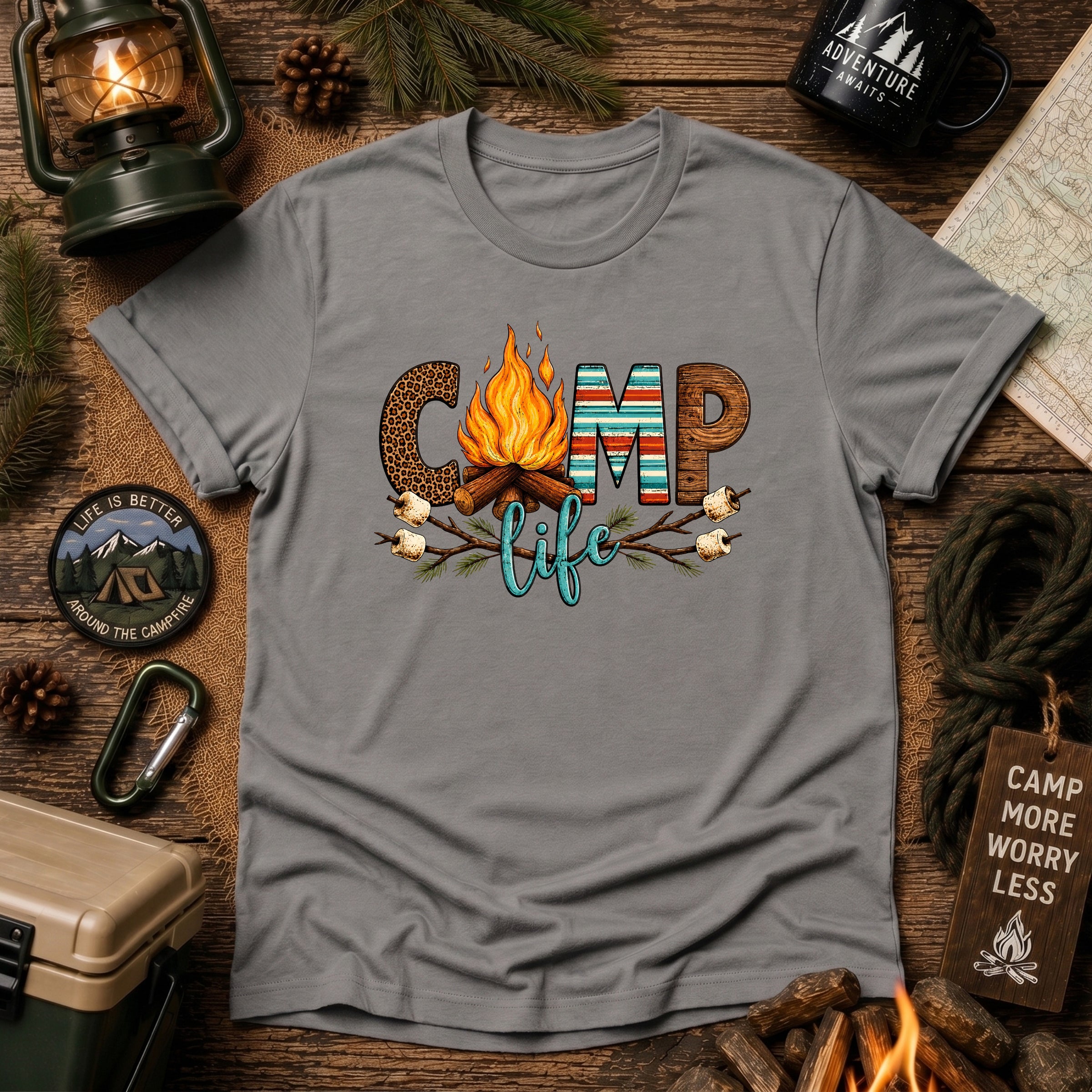 Camp Life T‑Shirt — Retro Serape Campfire Shirt with ‘Camp Life’ Text