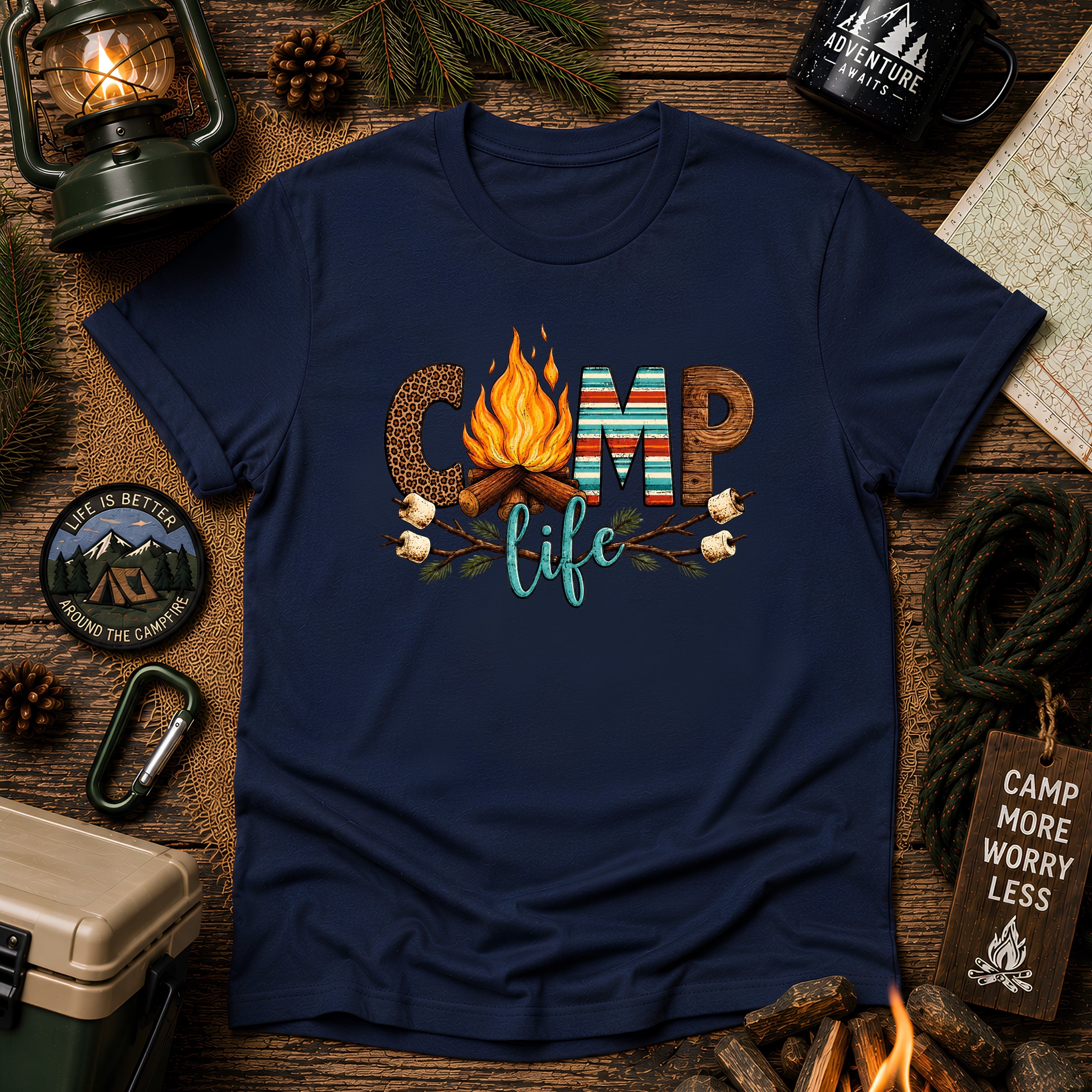Camp Life T‑Shirt — Retro Serape Campfire Shirt with ‘Camp Life’ Text